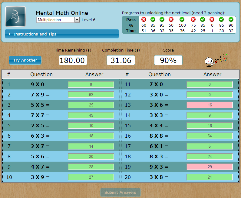 Screenshot of Mental Math Online